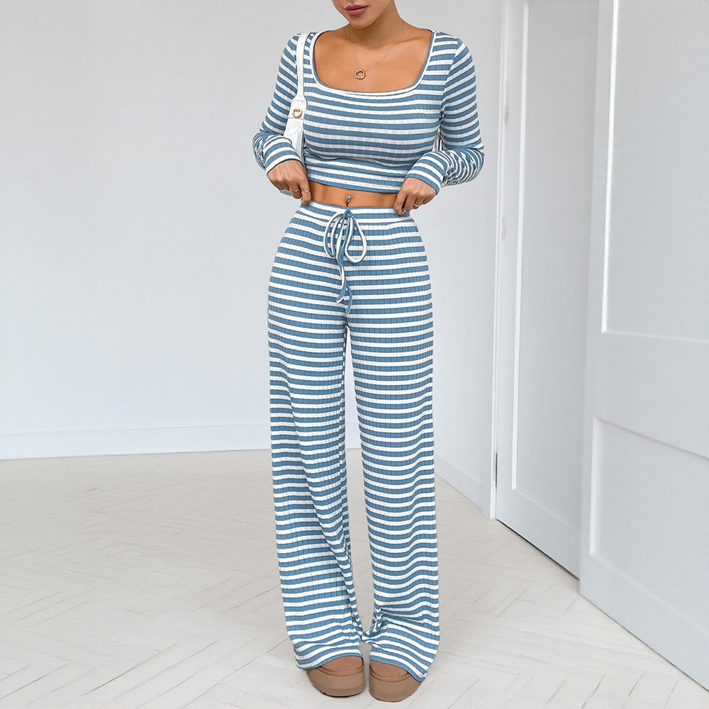 Damen Freizeitliches Zweiteiliges Set mit gestreiftem Oberteil und weitem Hose Echo Archiv