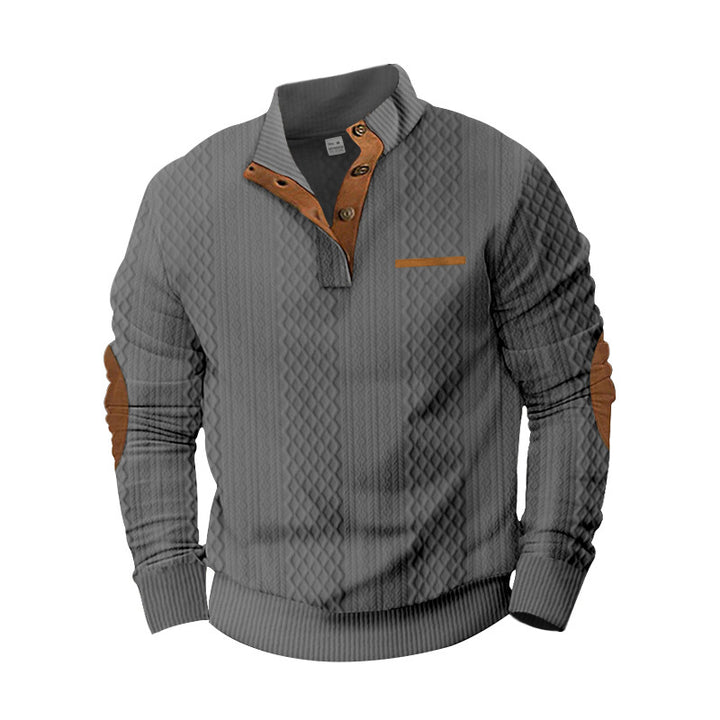 Herren nan strukturierter Strickpullover mit Stehkragen, Knopfleiste und Ellenbogenpatches Echo Archiv