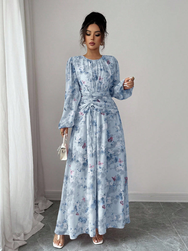 Damen Maxikleid mit floralem Schmetterlingsprint, geraffter Taillenpartie und langen Ballonärmeln Echo Archiv