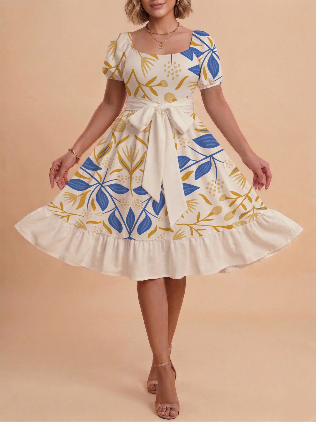 Damen A-Linien-Kleid mit floralen Motiven und taillierbarem Gürtel Echo Archiv