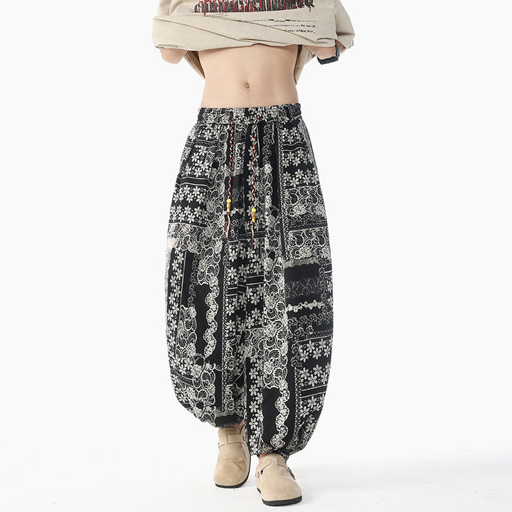 Damen nan lässige Pluderhose im Ethno-Print mit elastischem Bund, Kordelzug und gesmokten Bündchen Echo Archiv