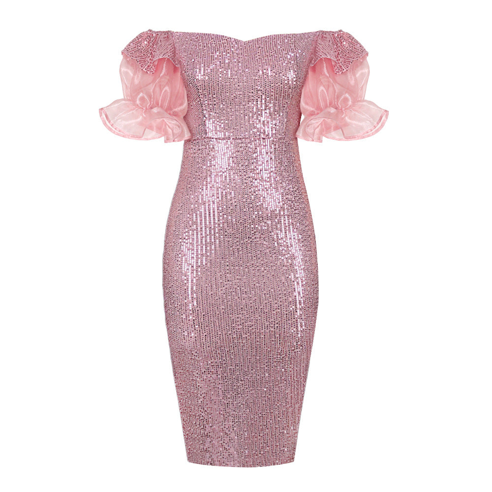 Damen Glitzerndes Cocktailkleid mit schulterfreiem Design und voluminösen Puffärmeln Echo Archiv
