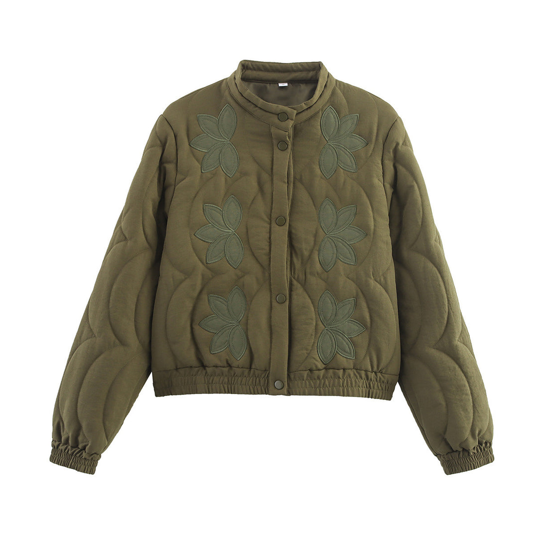 Damen Kurzer gesteppter Blouson mit floraler Stepp-Applikation, Stehkragen und elastischem Bund Echo Archiv