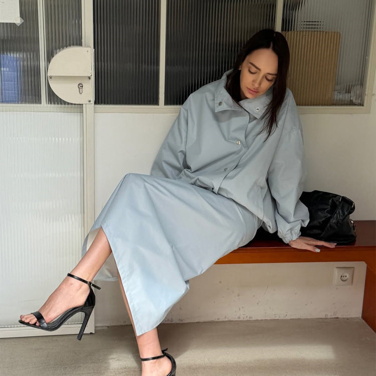 Damen Zweiteiliges Co-Ord-Set aus leichter Windjacke mit Tunnelzug und tailliertem Maxi-Rock Echoarchiv