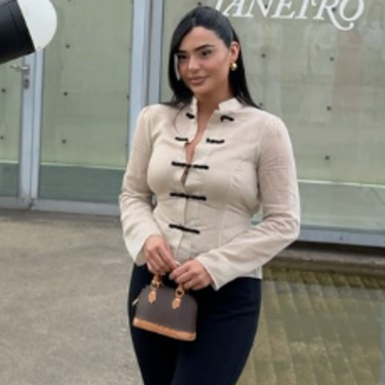Damen Chinesisch-inspirierte Cordjacke mit Stehkragen, Froschverschlüssen & Taillengürtel Echoarchiv