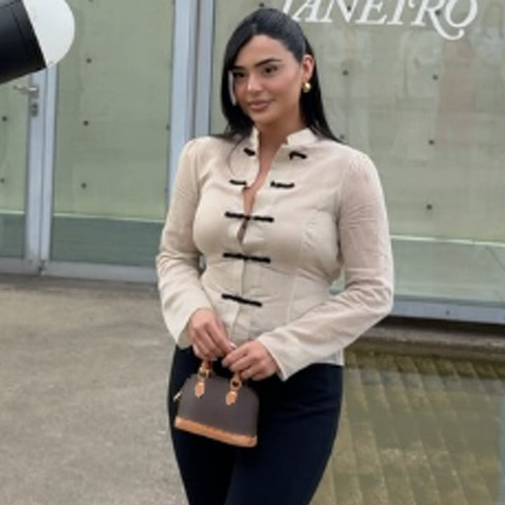Damen Chinesisch-inspirierte Cordjacke mit Stehkragen, Froschverschlüssen & Taillengürtel Echoarchiv