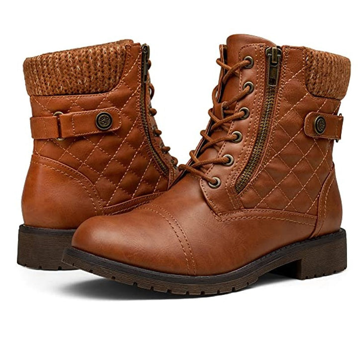Damen Combat-Boots mit gesteppter Knöchelmanschette, Strickkragen und seitlichem Reißverschluss Echo Archiv