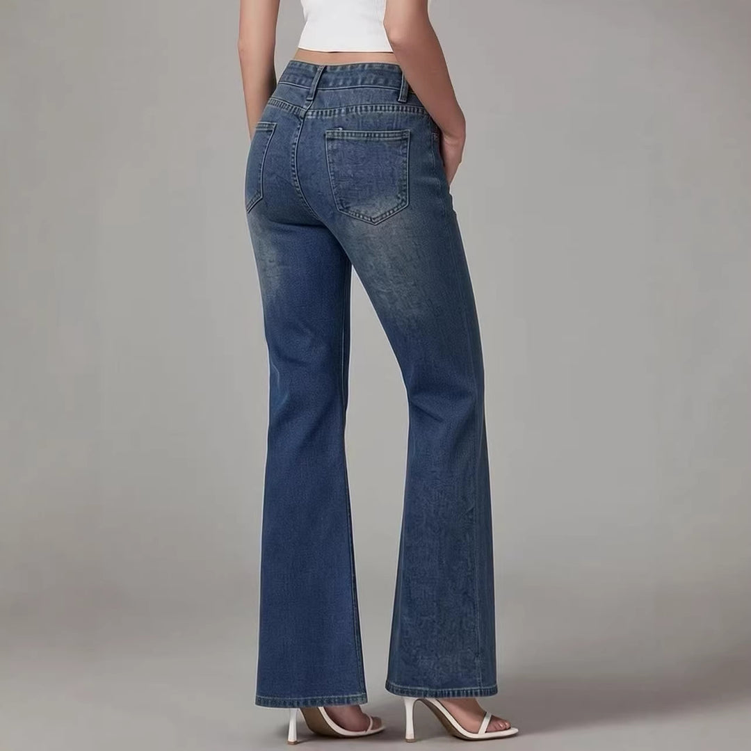 Damen nan High‑Waist Schlagjeans mit Distressed-Kniepartie und strukturierter Denim-Optik Echo Archiv