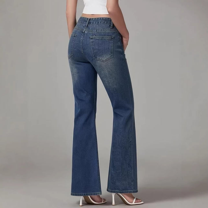 Damen nan High‑Waist Schlagjeans mit Distressed-Kniepartie und strukturierter Denim-Optik Echo Archiv
