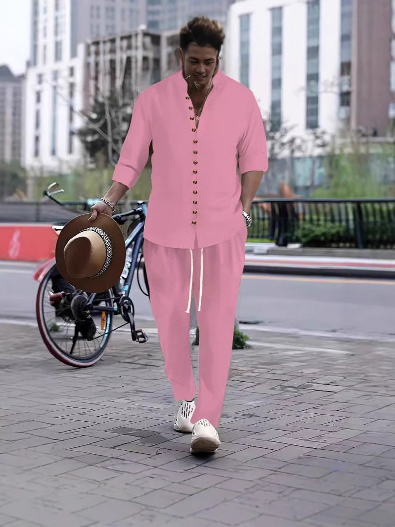 Herren Lässiges Kurzarmhemd mit eleganter Knopfleiste und Freizeit-Hose Echoarchiv