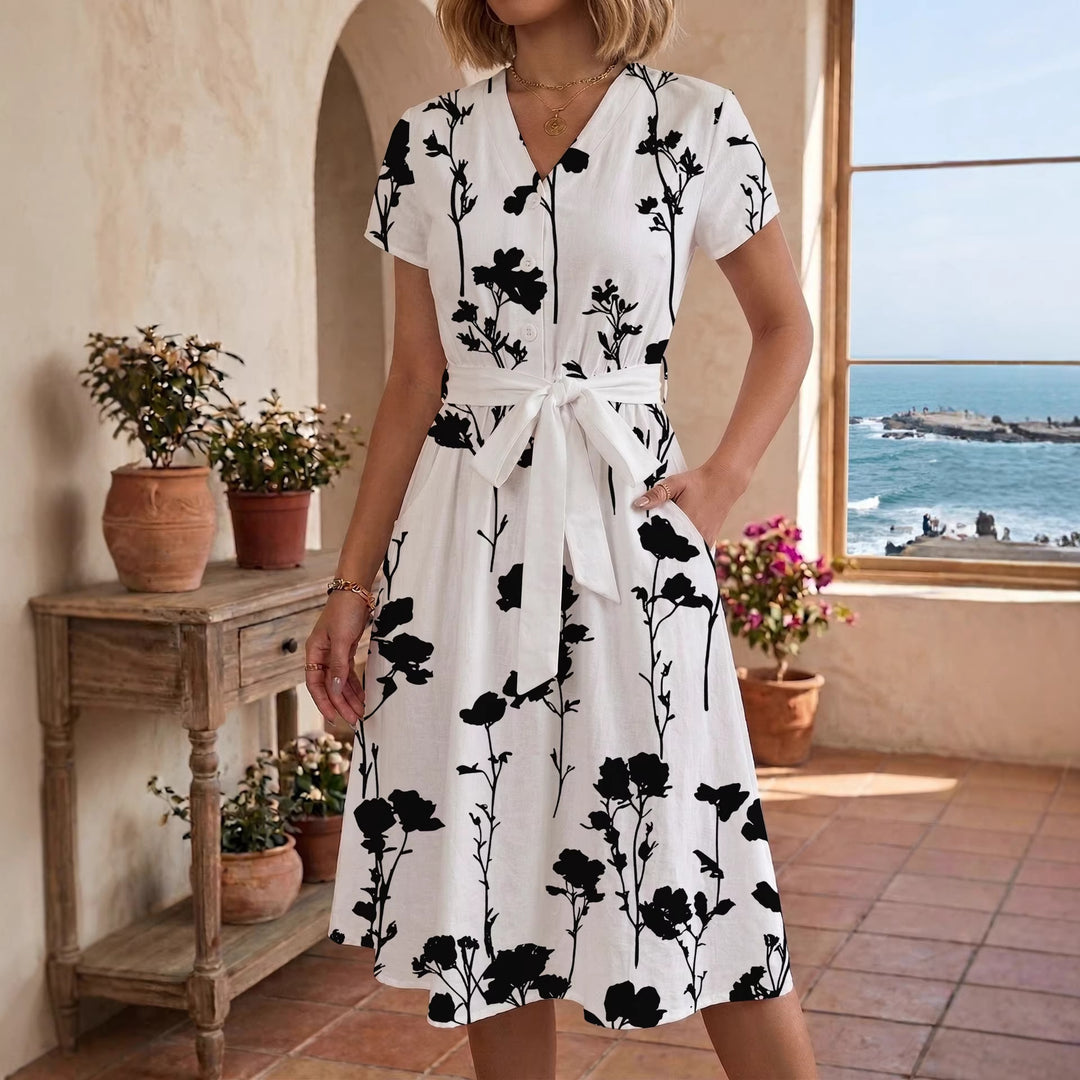 Damen Blühendes Midikleid mit taillierbarem Gürtel und kunstvollem Print Echo Archiv