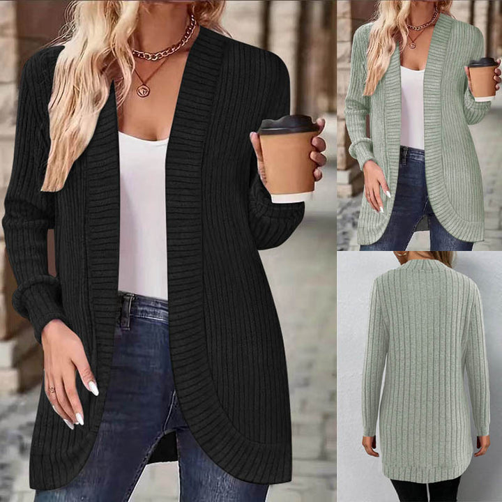 Damen Langer Offener Rippstrick-Cardigan mit abgerundetem Saum – Veloura