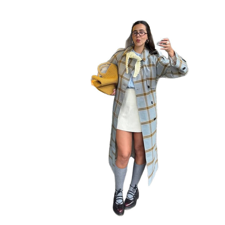 Damen langer kariierter Mantel im Trenchcoat-Stil mit doppelter Knopfleiste Echoarchiv