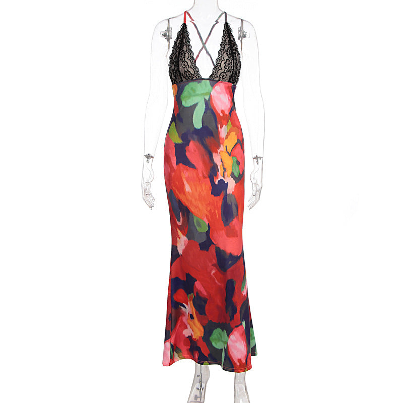 Damen figurbetontes Maxikleid mit floralem Muster und Spitze Echo Archiv