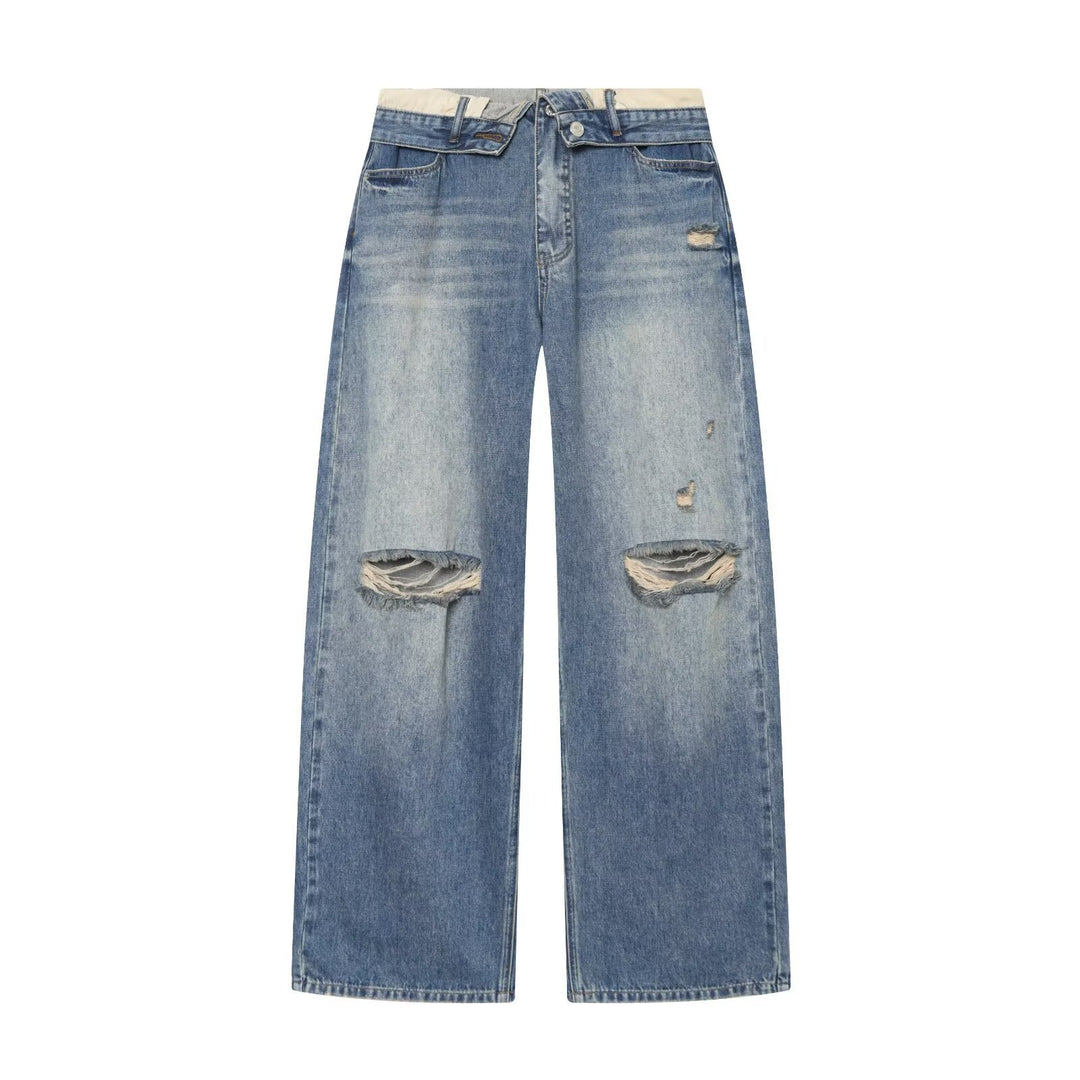 Damen Weite Ripped Denim‑Jeans mit Knie‑Löchern und hoher Leibhöhe Echo Archiv