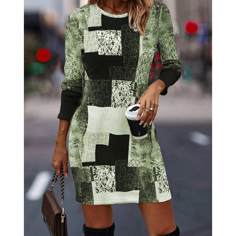 Damen Strickkleid mit modernem geometrischen Muster und langen Ärmeln Echoarchiv
