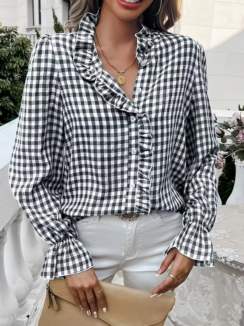 Damen karierte Rüschenbluse mit Stehkragen, verdeckter Knopfleiste und Glockenärmeln – Élovi