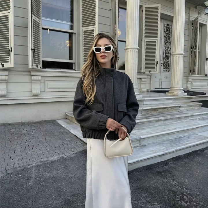 Damen Wollmix-Blousonjacke mit Stehkragen, großen Klappentaschen und elastischem Saum Echo Archiv
