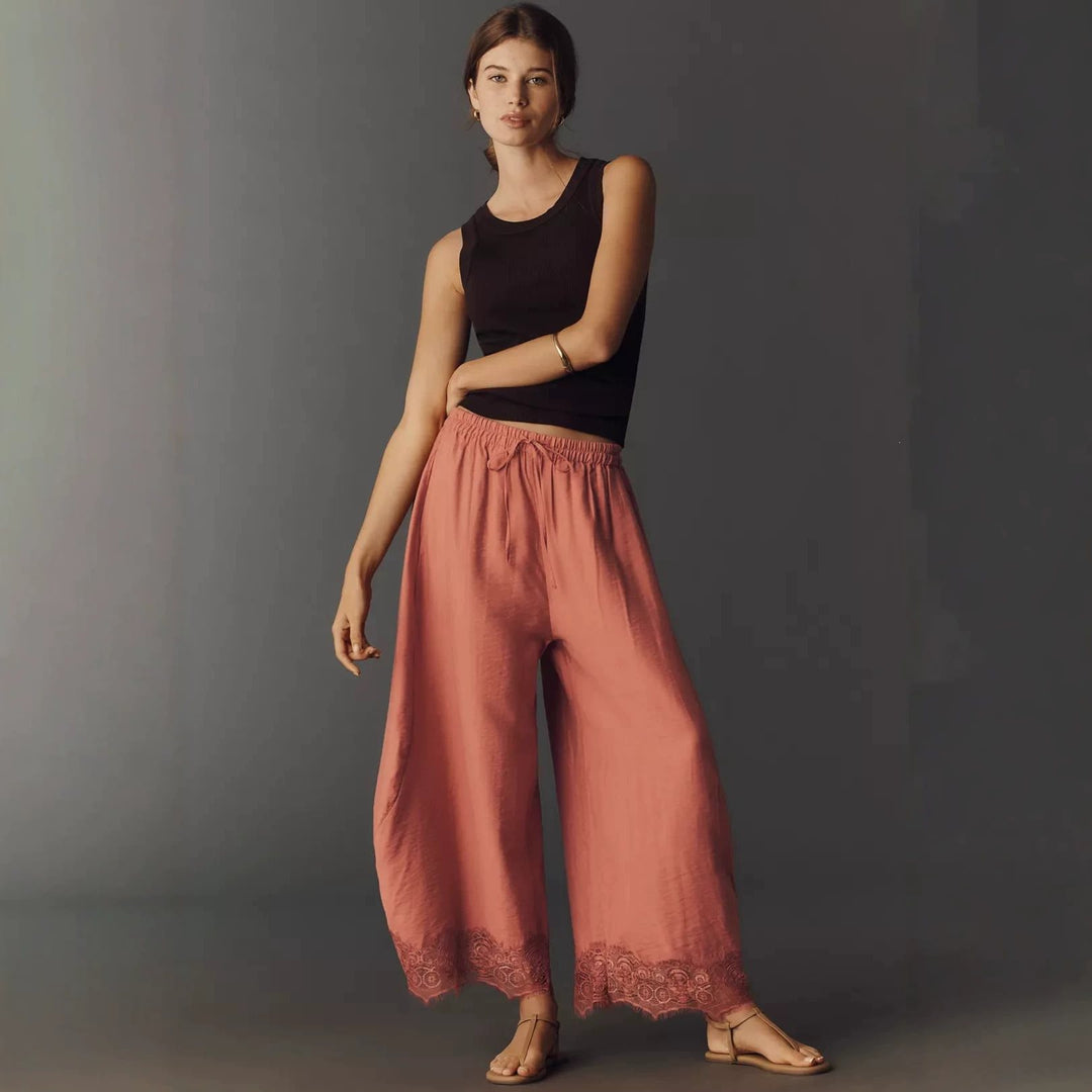 Damen Weite Palazzo-Hose mit elastischem Tunnelzugbund und Spitzenbesatz Echo Archiv
