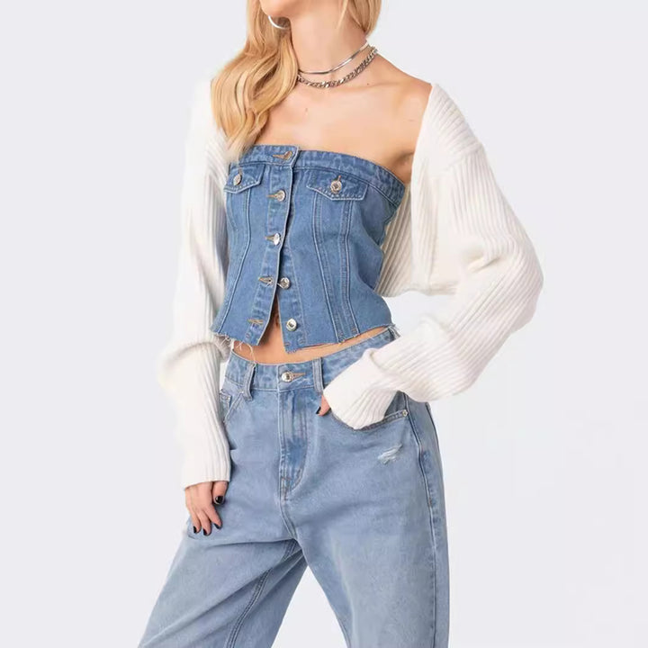 Damen Denim-Crop-Top mit gestricktem Überwurf Echo Archiv