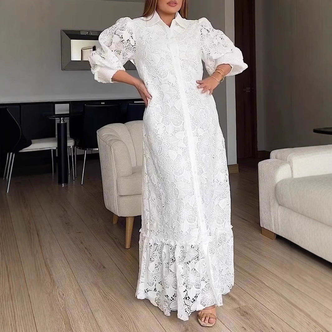 Damen nan Maxikleid aus Häkelspitze mit Hemdkragen und Puffärmeln Echo Archiv