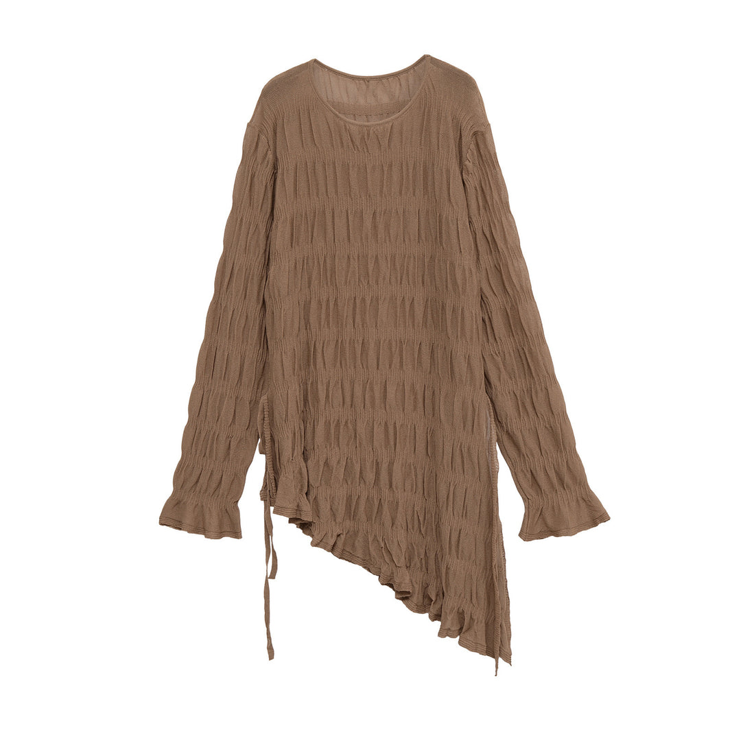 Damen Asymmetrische Tunika in Knitteroptik mit Bindeband und Trompetenärmeln Echoarchiv