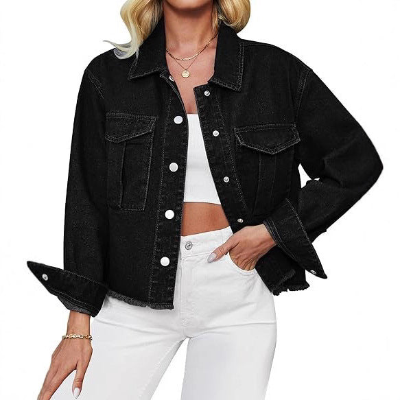 Damen Cropped Denimjacke mit Fransenabschluss und aufgesetzten Brusttaschen Echo Archiv