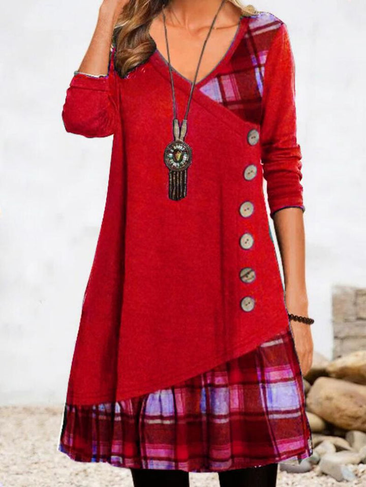 Damen nan asymmetrisches V-Ausschnitt-Tunika-Kleid mit Zierknopfleiste und Animalprint-Besatz Echo Archiv