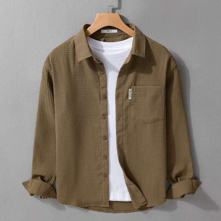 Herren Leichtes Waffelstruktur-Hemd aus Baumwollmix mit Overshirt-Schnitt und Brusttasche Echoarchiv