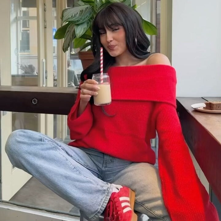 Damen nan oversize schulterfreier Strickpullover mit breitem Umschlagkragen und Rippstruktur Echo Archiv