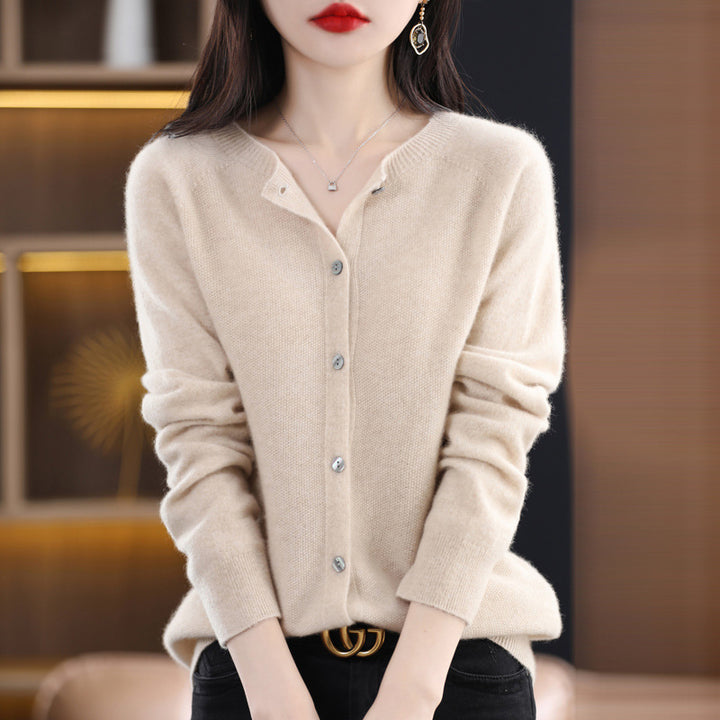 Damen Kurzgeschnittener Cardigan in Mohair‑Optik mit Rundhalsausschnitt und Perlmuttknöpfen Echoarchiv