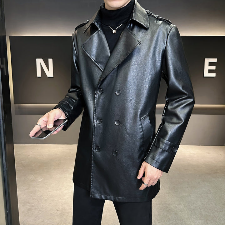 Herren Doppelreihiger Kunstleder-Trenchcoat mit markantem Revers Echo Archiv