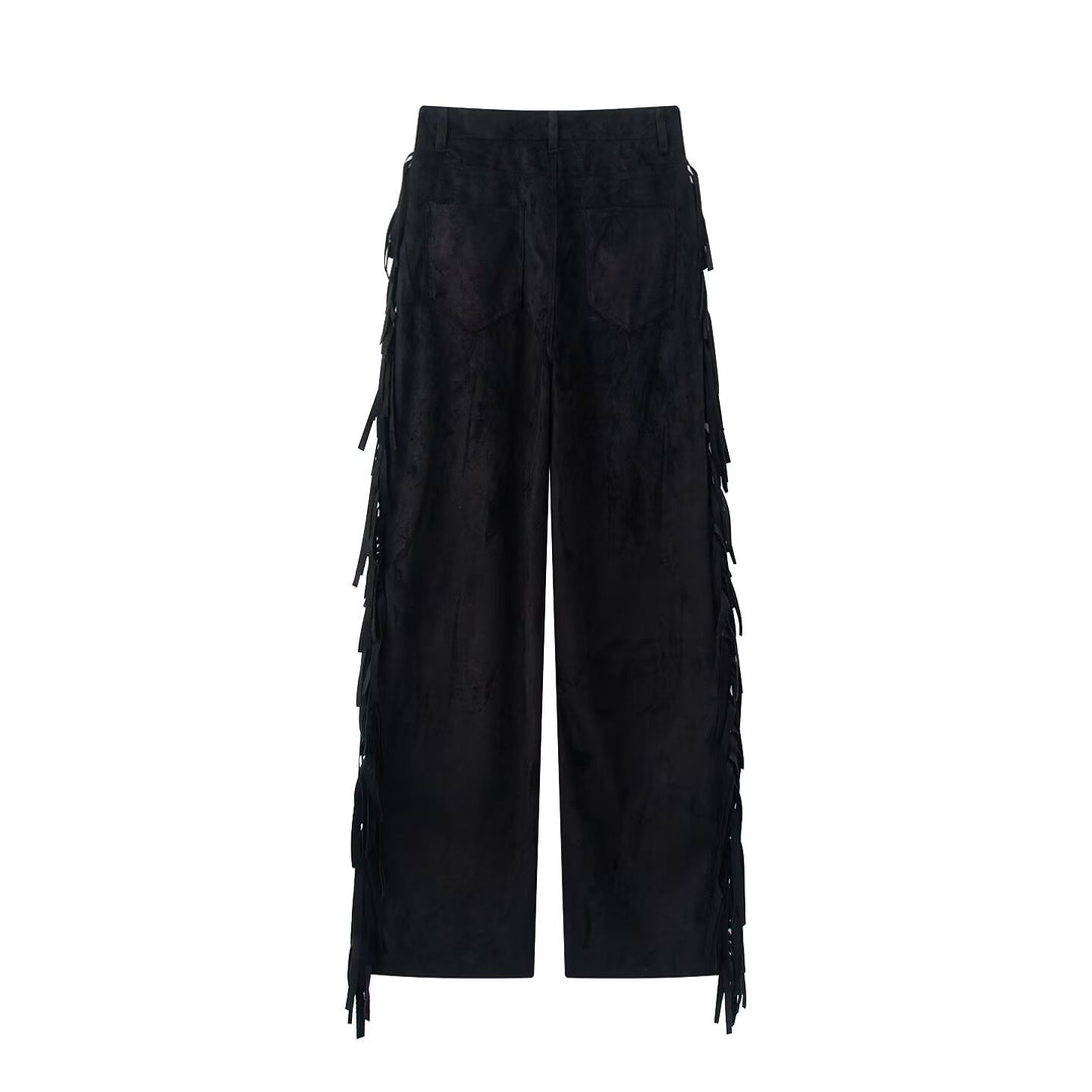 Damen Weite High-Waist-Hose mit seitlichen Fransen und Knopfverschluss Echo Archiv