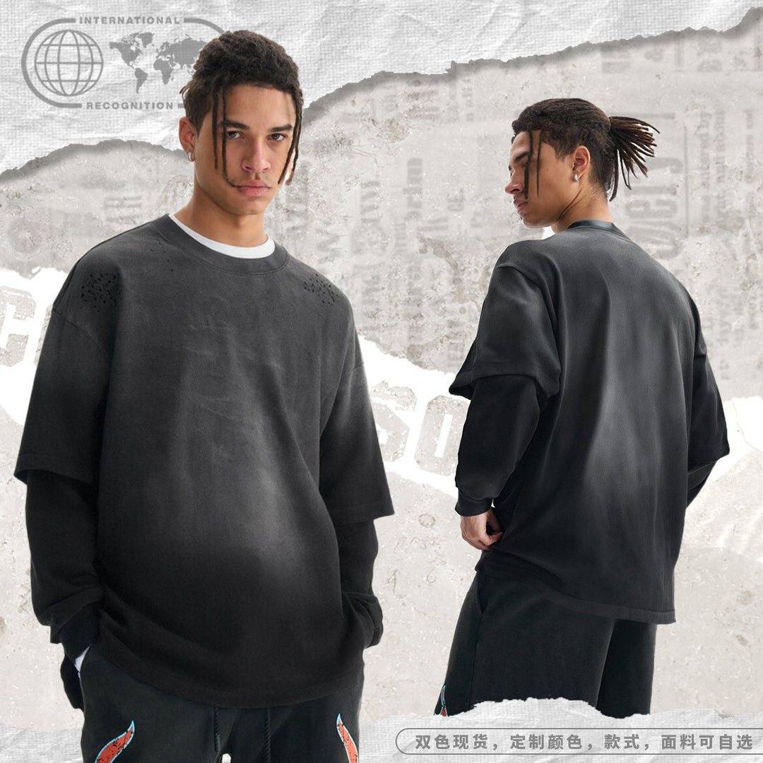 Herren Layered-Langarmshirt mit doppellagigen Ärmeln, verwaschener Vintage-Waschung und dezenten Ausfransungen Echo Archiv