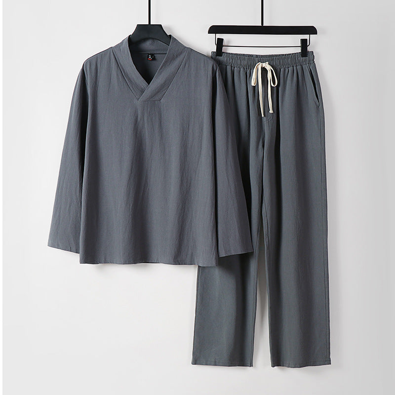 Unisex Zen-inspiriertes Leichtes Loungewear-Set mit V-Ausschnitt-Shirt und Elastischer Kordelbund-Hose Echoarchiv