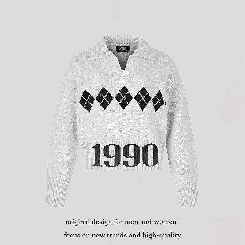 Damen Cropped Strickpullover mit Polokragen, Rippbund und Argyle‑Motiv Echoarchiv