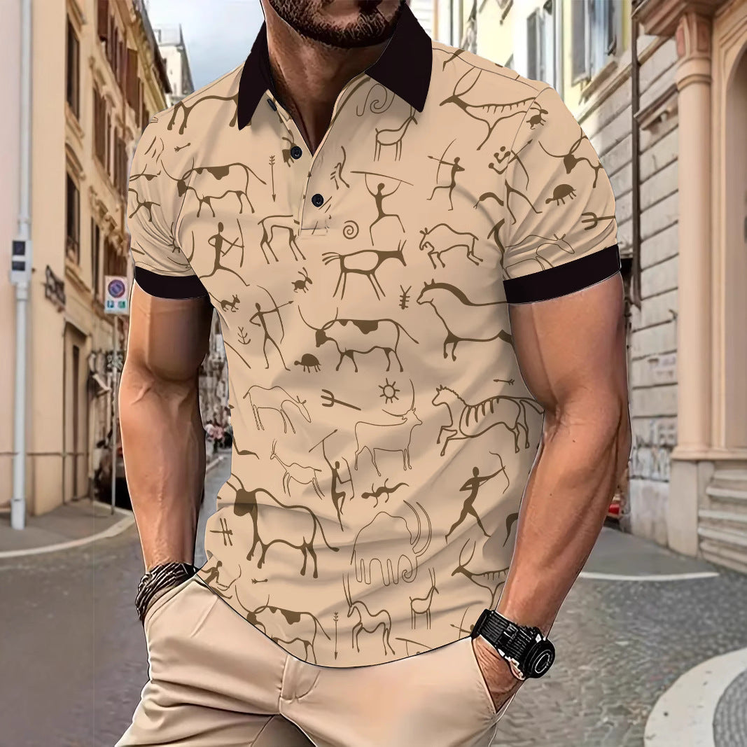 Herren Sportliches Polohemd mit einzigartigem Höhlenmalerei-Design Echoarchiv