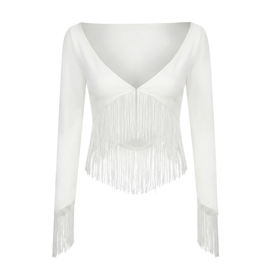 Damen Cropped V‑Neck Oberteil mit langen Ärmeln und dekorativem Fransenbesatz Echo Archiv