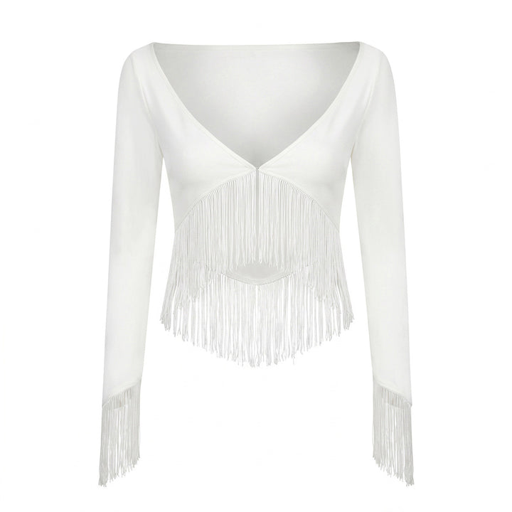 Damen Cropped V‑Neck Oberteil mit langen Ärmeln und dekorativem Fransenbesatz Echo Archiv