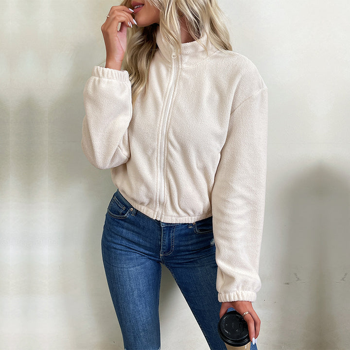 Damen Kurz geschnittene Fleece-Zipjacke mit Stehkragen und elastischem Saum Echoarchiv