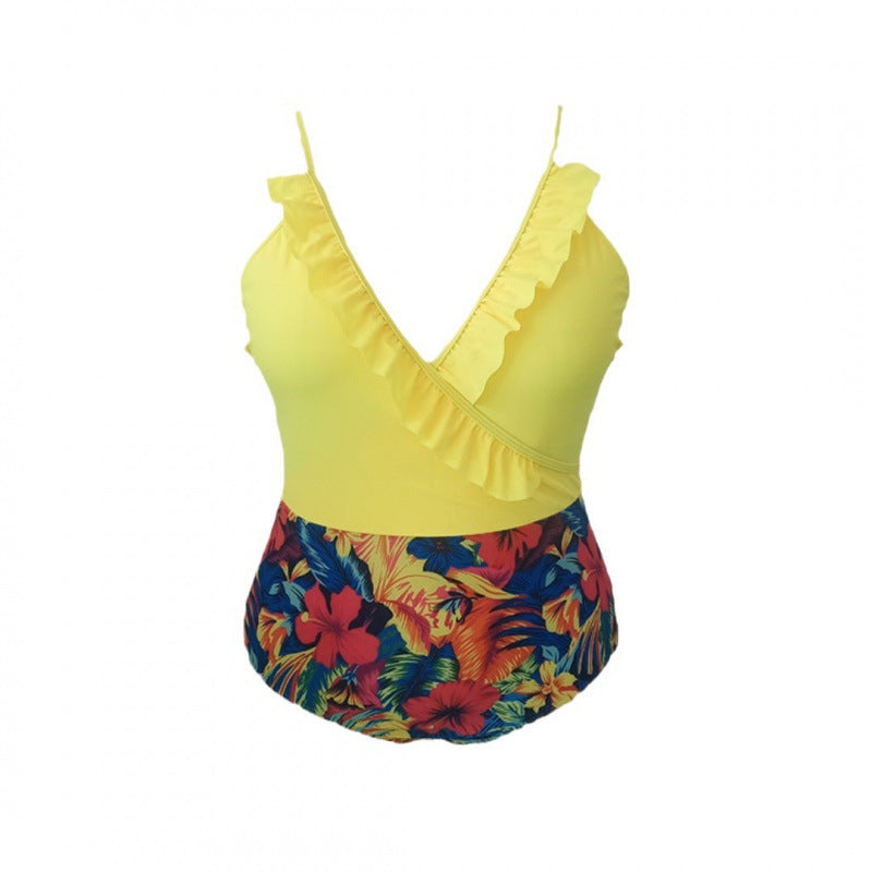 Damen Einteiliger Badeanzug mit floralem Wickeldetail und Rüschen Echo Archiv