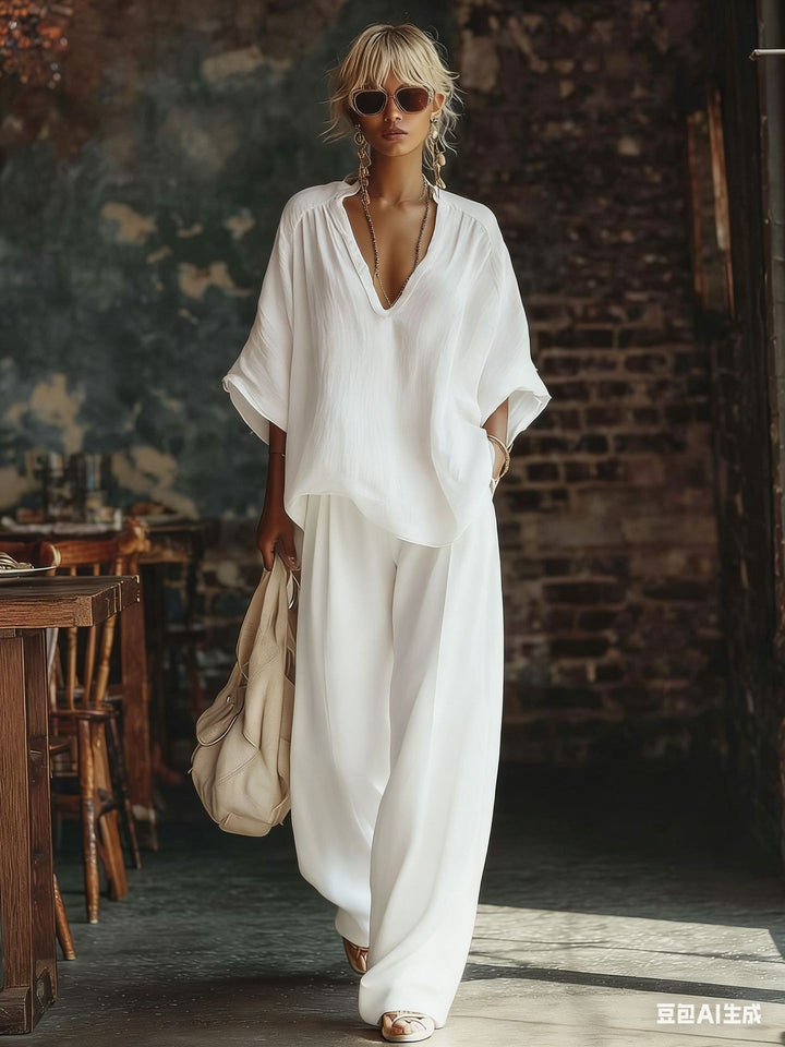 Damen nan lässiges zweiteiliges Leinenoptik-Set mit tiefem V-Ausschnitt, Oversize-Bluse und weitem Palazzo-Hosen Echo Archiv