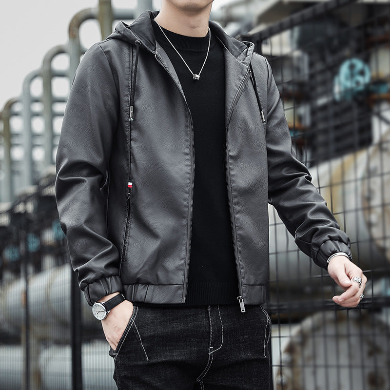 Herren Modische Kunstlederjacke mit verstellbarer Kapuze Echo Archiv
