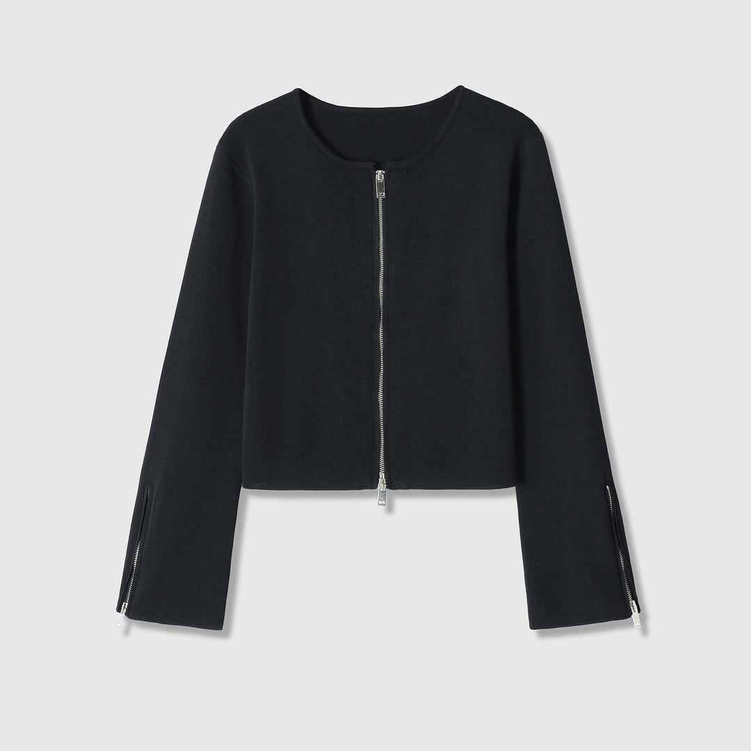 Damen Kurzgeschnittene Feinstrick-Jacke mit Zwei-Wege-Reißverschluss und Ärmelzipper Echoarchiv