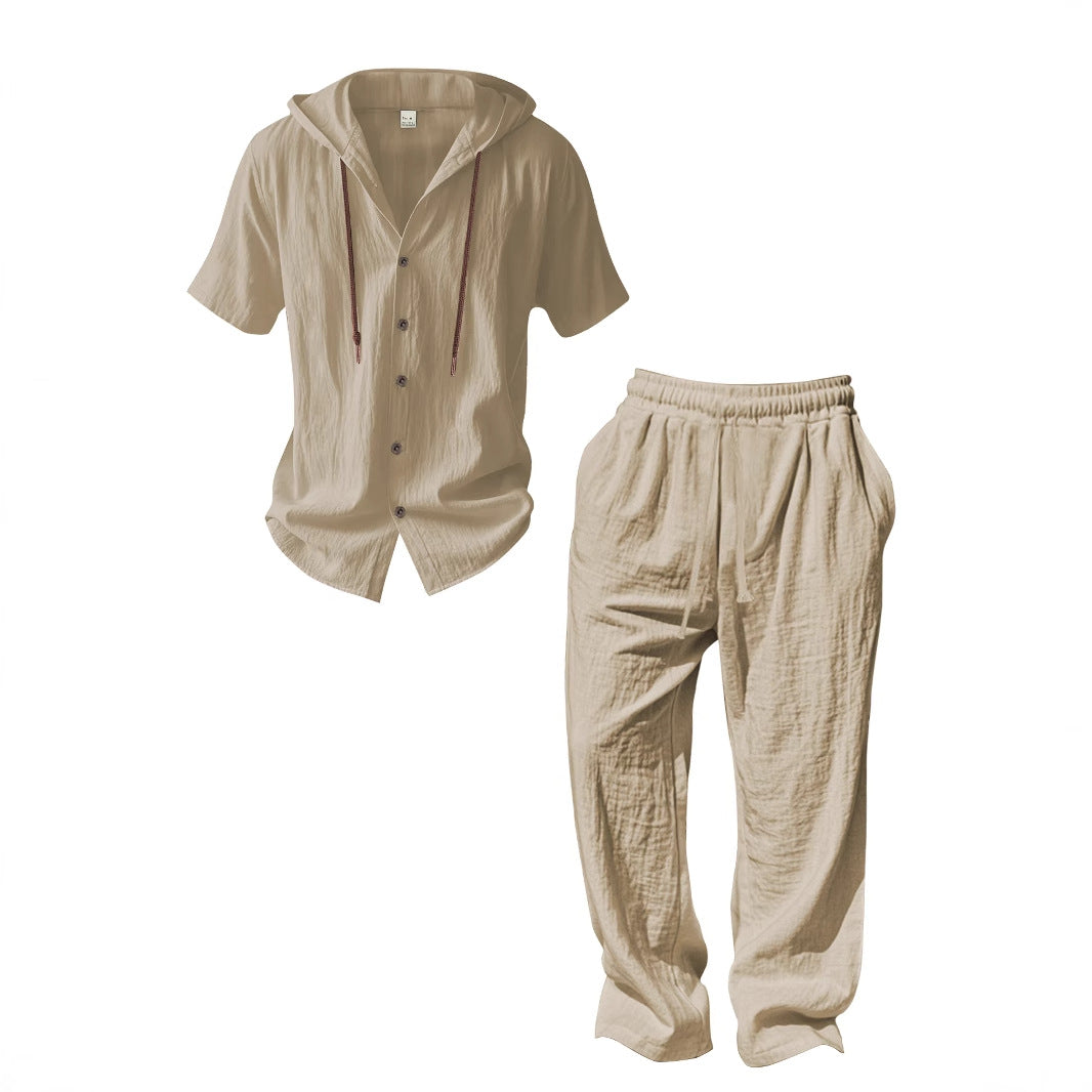 Herren nan luftiges Leinen-Lounge-Set mit kurzärmeligem Kapuzenhemd und gerader Relaxhose Echo Archiv