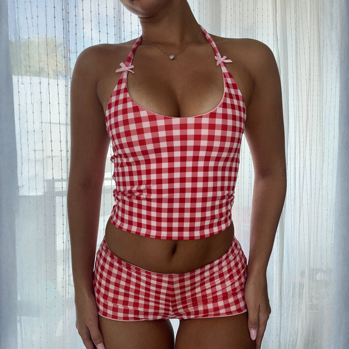 Damen Gingham Muster Badeanzug mit verstellbarem Halter Echo Archiv