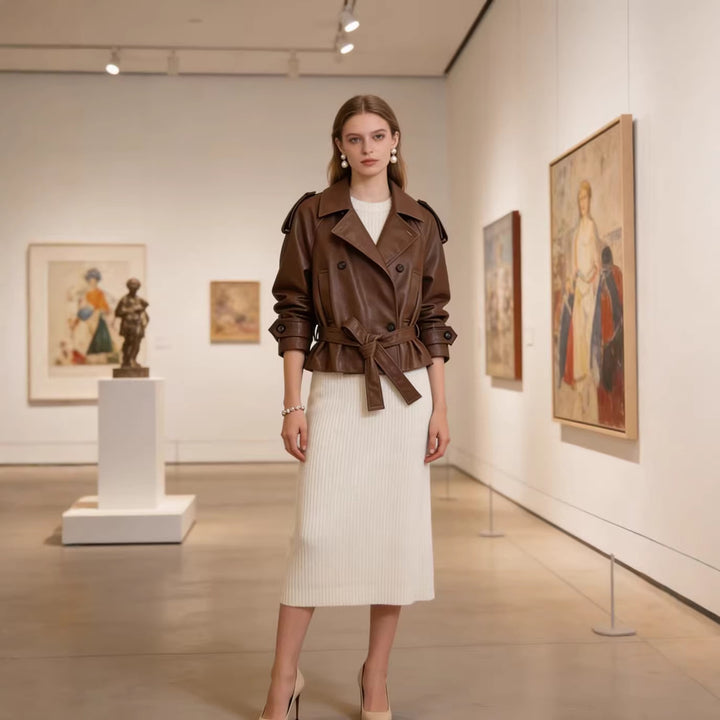 Damen Cropped Doppelreihiger Kunstleder-Trench mit Taillengürtel und Schulterpatten Echo Archiv