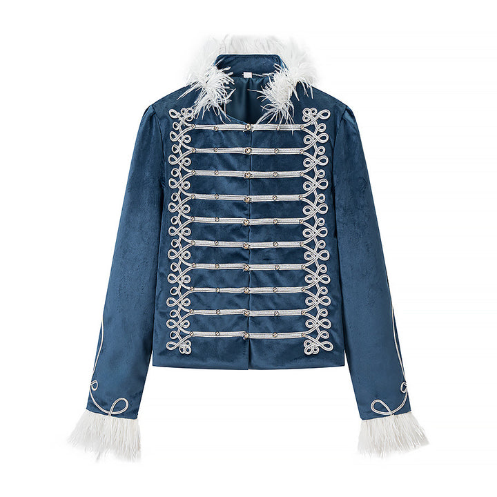Damen Samt‑Militärjacke mit Zierriegeln und Federbesatz Echo Archiv