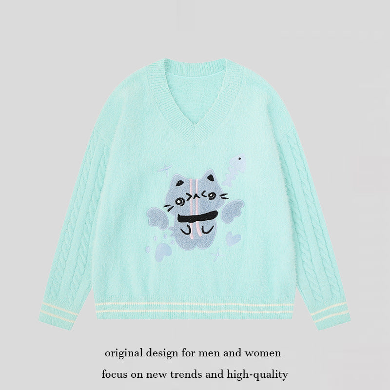 Damen V-Ausschnitt Strickpullover mit Zopfärmeln und Chenille-Katzenmotiv Echoarchiv