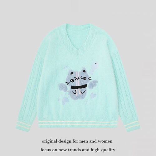 Damen V-Ausschnitt Strickpullover mit Zopfärmeln und Chenille-Katzenmotiv Echoarchiv